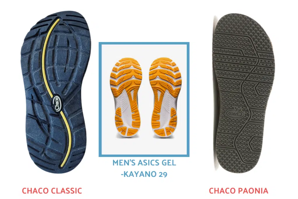 comparison of the outsoles on Chaco Classic, Chaco Paonia, and the Asics Gel Kayano 29