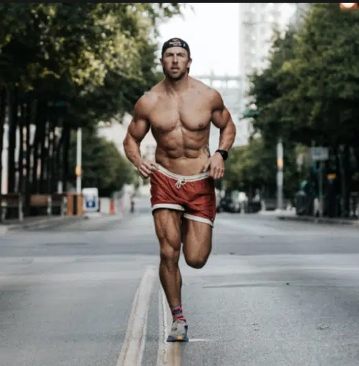 While he sometimes runs in self-branded or BNP apparel, Nick Bare seems to prefer to run shirtless when possible.