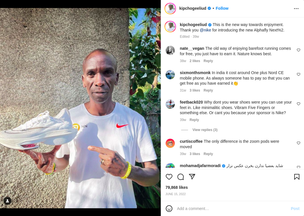 Marathoner Eliud Kipchoge shows off the Nike Alphafly Next% 2, which is slightly less stable but more cushioned that his preferred Vaporfly.